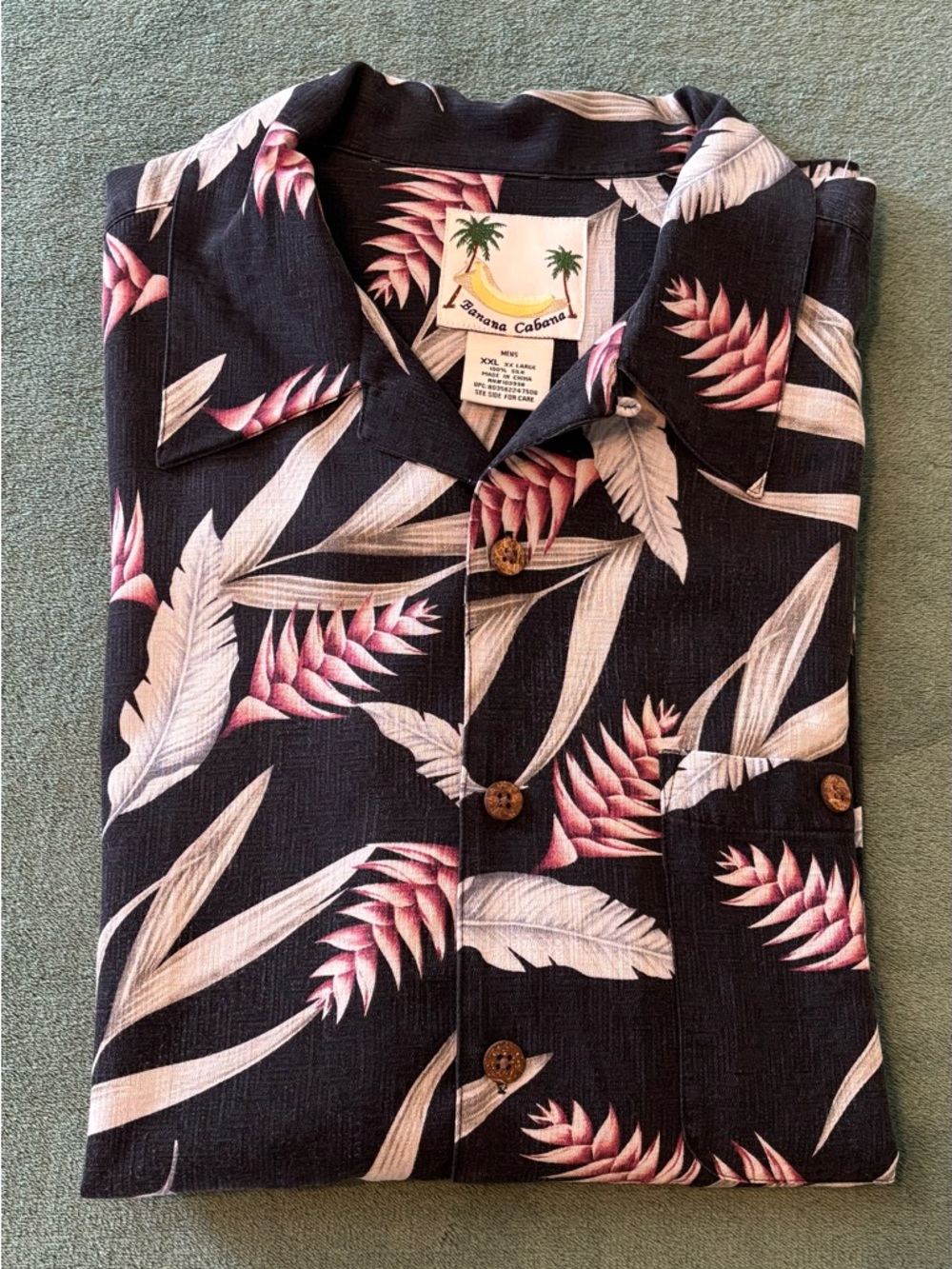 Banana Cabana Men’s Black Silk Tropical Print Shirt, Size: XXL. (6343)